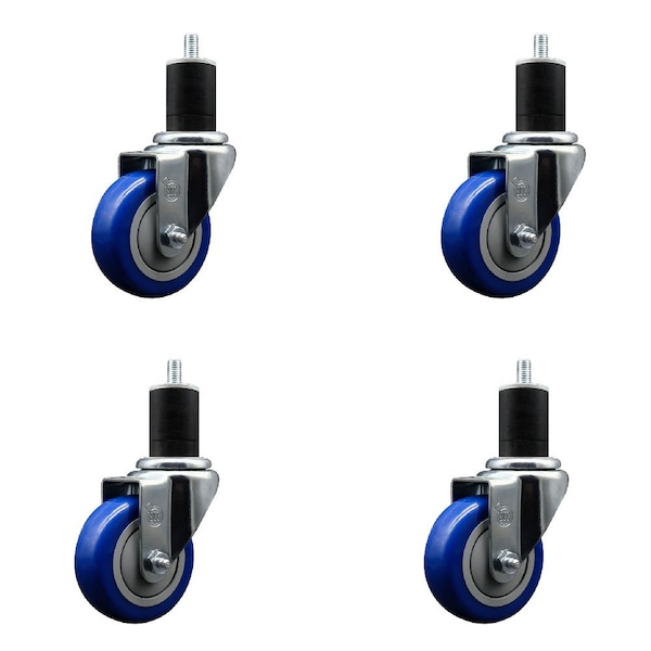 3.5'' Blue Poly Wheel Swivel 1-3/4'' Expanding Stem Caster Set, 4PK